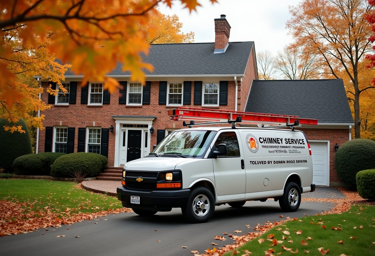 Chimney service van in a colonial home driveway — Suitland